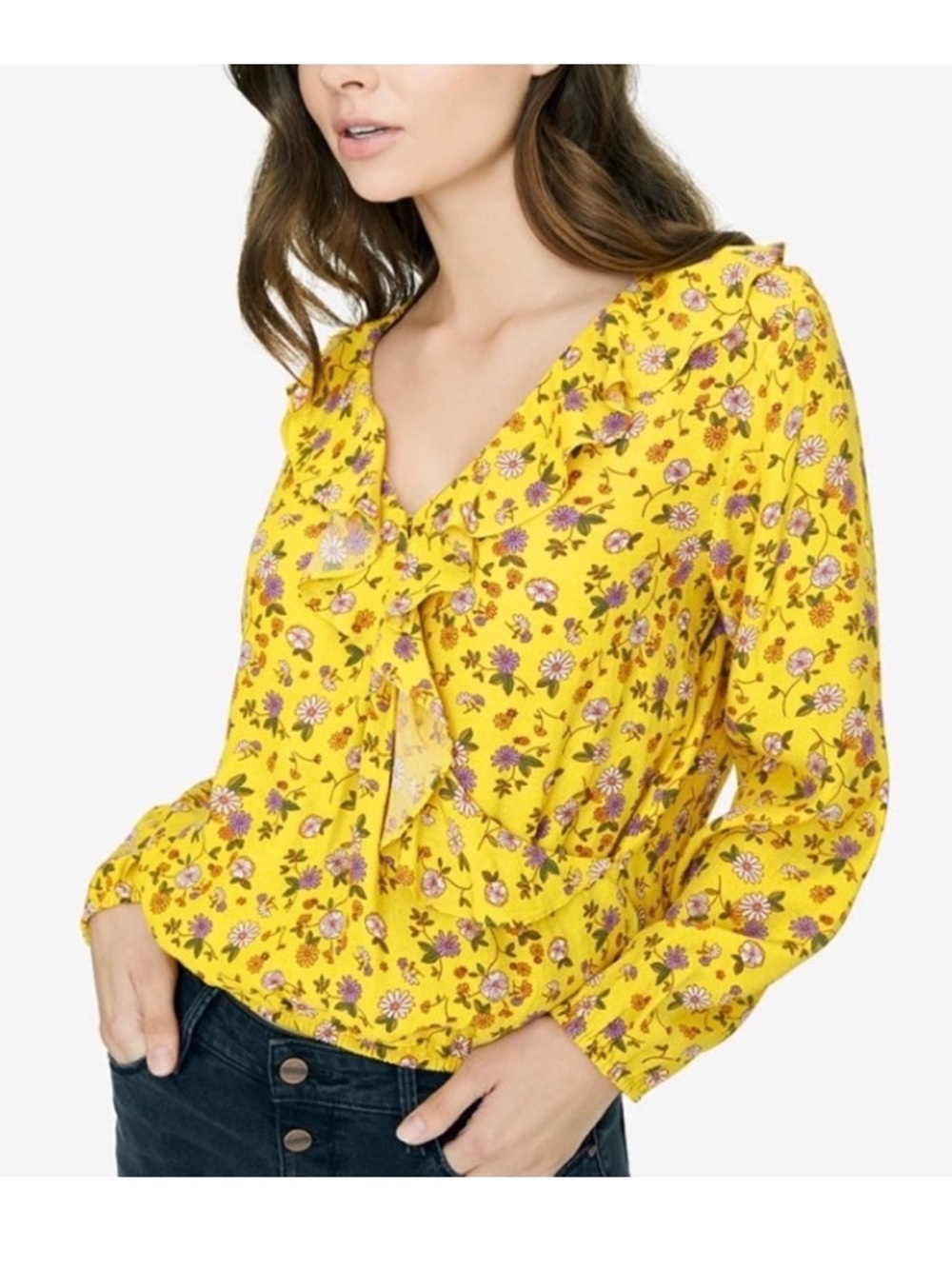 Sanctuary Mustard Floral Ruffle Surplice Blouse Cottagecore Boho Wrap Top